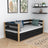 Sofa-lit noir-chêne – barrière latérale en bois, vue de côté, Nizio