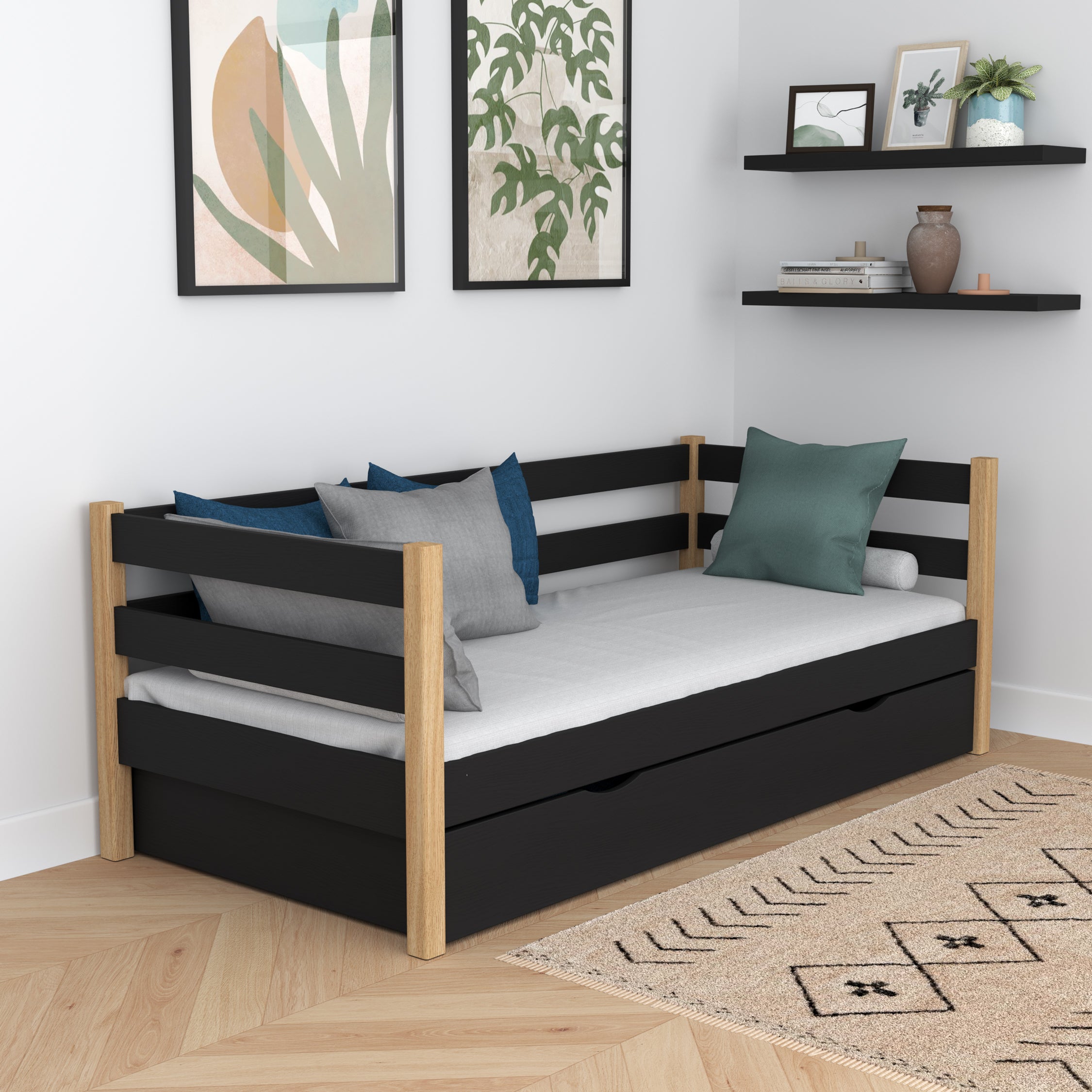 Sofa-lit noir-chêne – barrière latérale en bois, vue de côté, Nizio