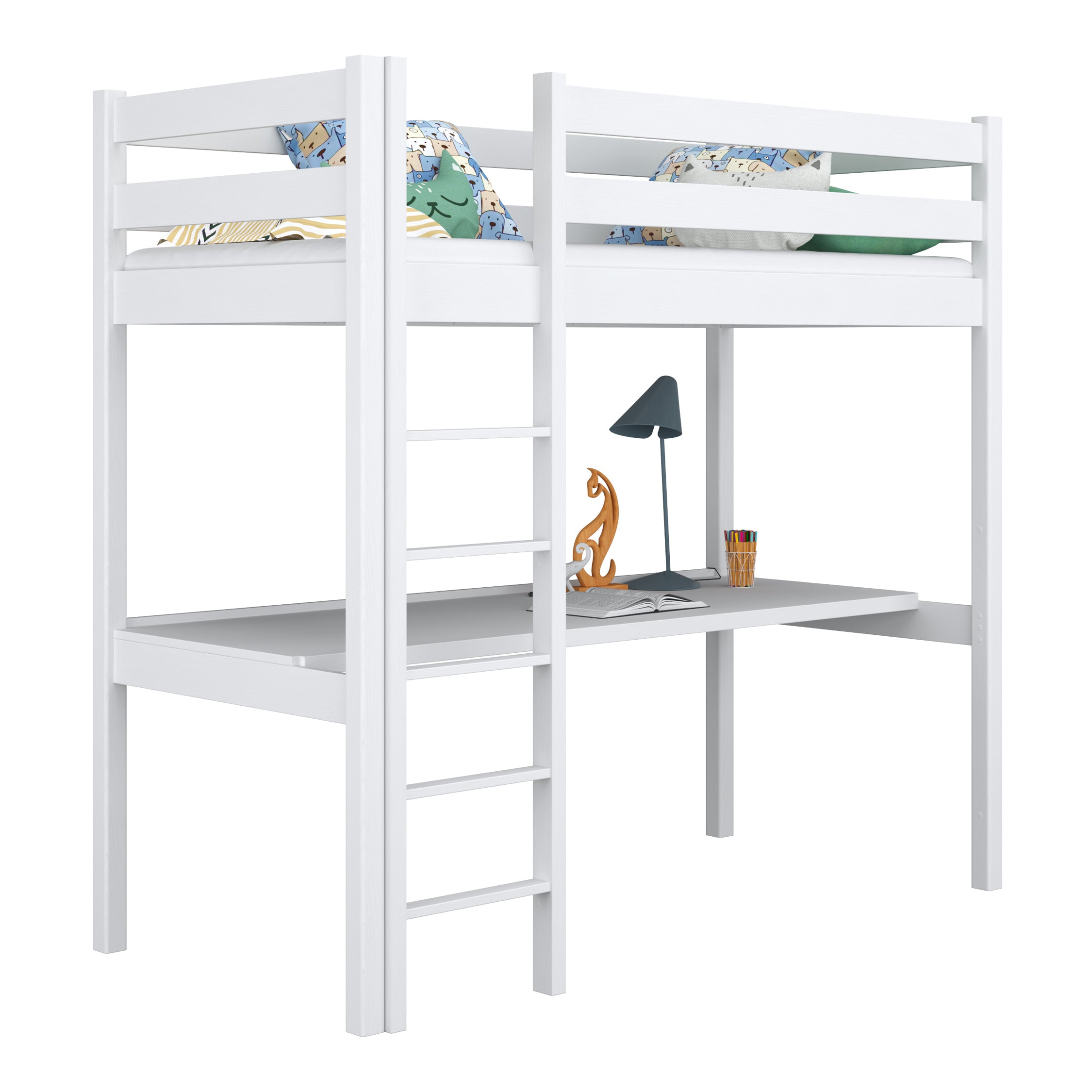 Lit mezzanine blanc avec bureau – espace d'apprentissage sous la chambre, en bois