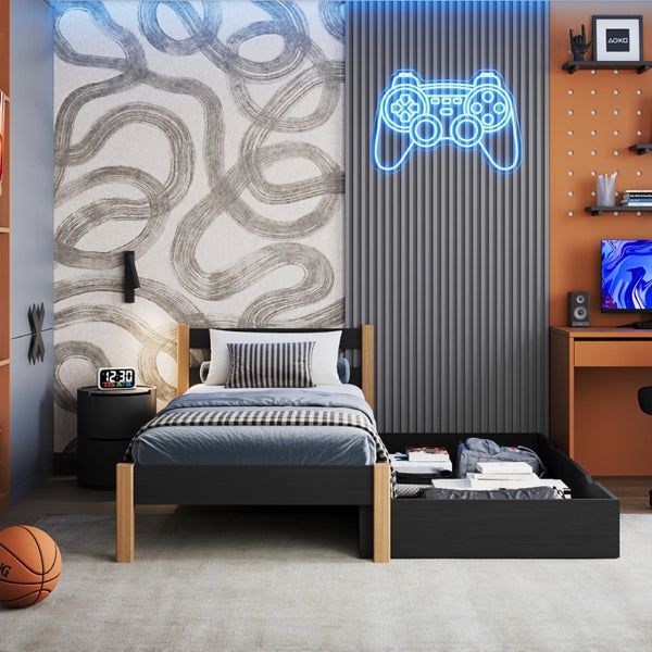 Lit noir-chêne z tiroir – rangement spacieux, en bois, pour enfants Nizio