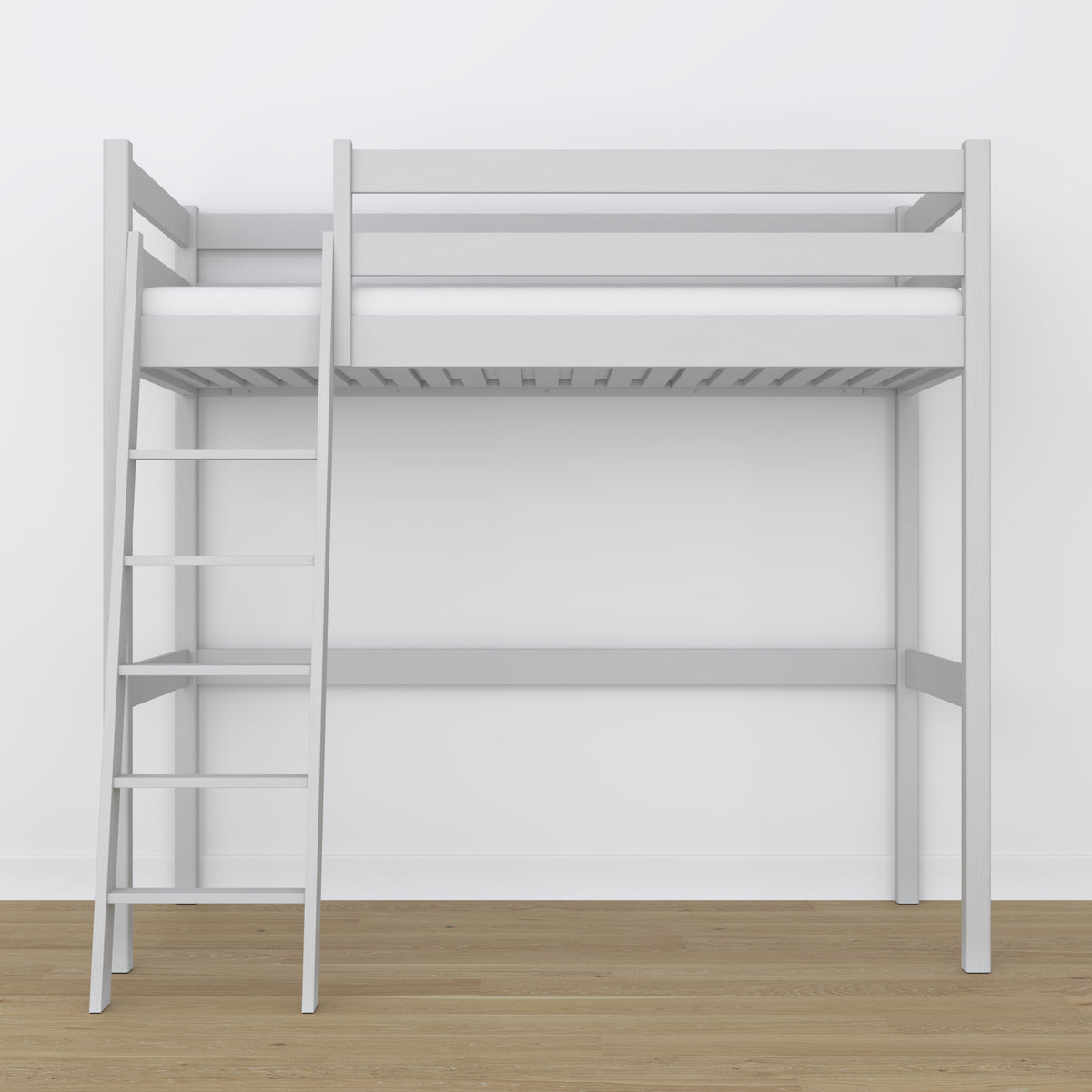 Lit mezzanine en bois gris – sommier à lattes, vue de côté