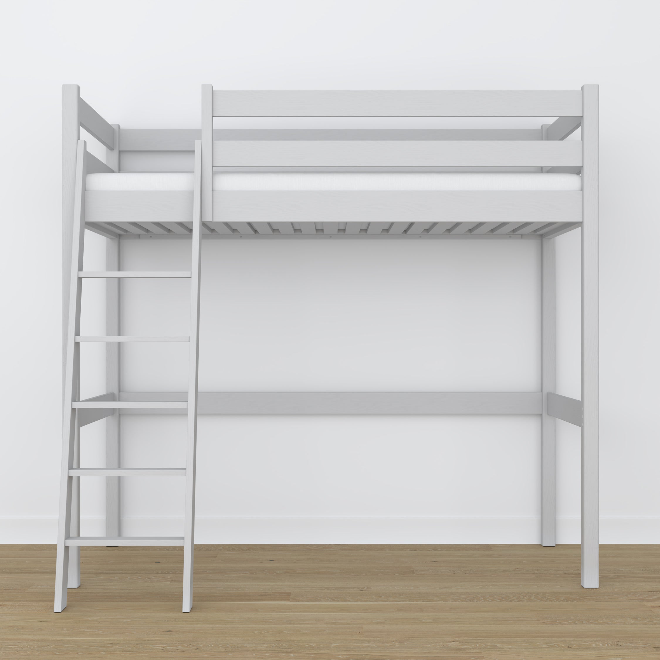Lit mezzanine en bois gris – sommier à lattes, vue de côté