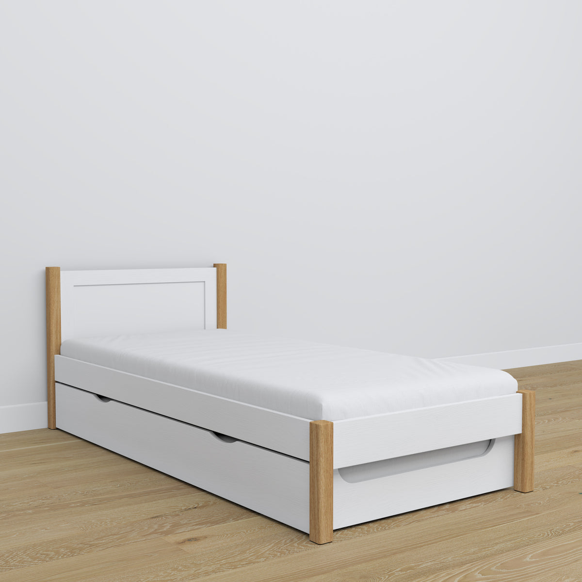 Lit avec tiroir pour matelas en bois blanc-chêne – décoration de chambre d'enfant