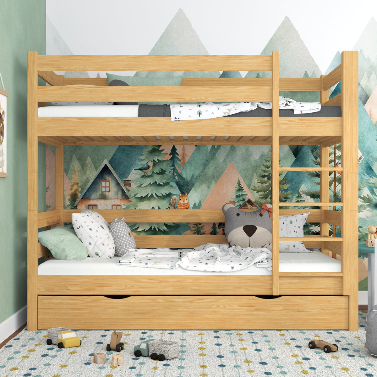 Lit superposé pin naturel z tiroir – barrière i échelle en bois, Nizio