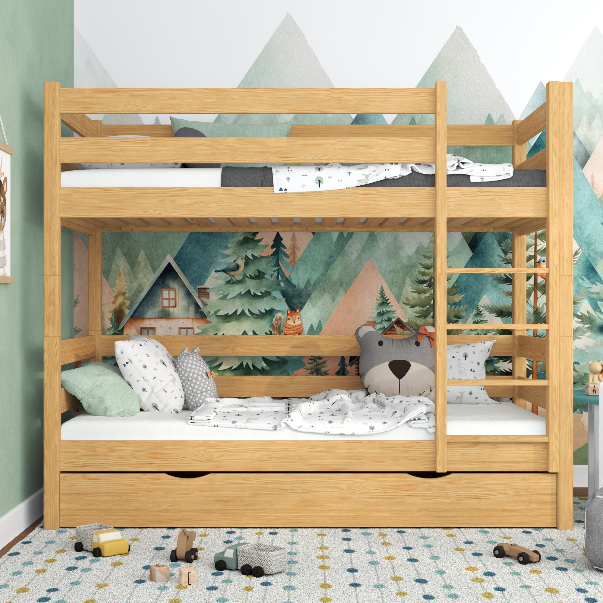 Lit superposé pin naturel z tiroir – barrière i échelle en bois, Nizio
