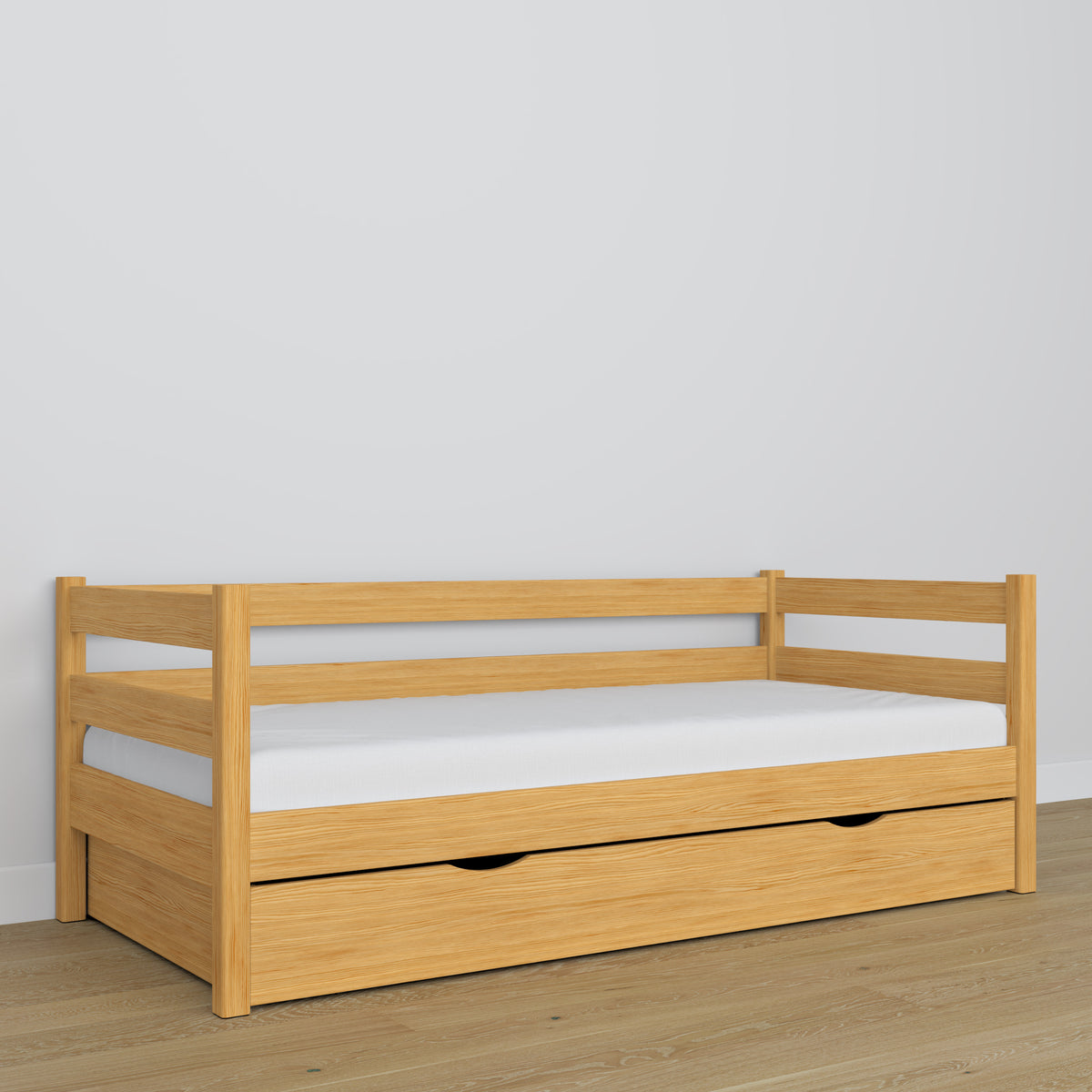 Sofa-lit pin naturel – détails en bois i assemblages, Nizio Home