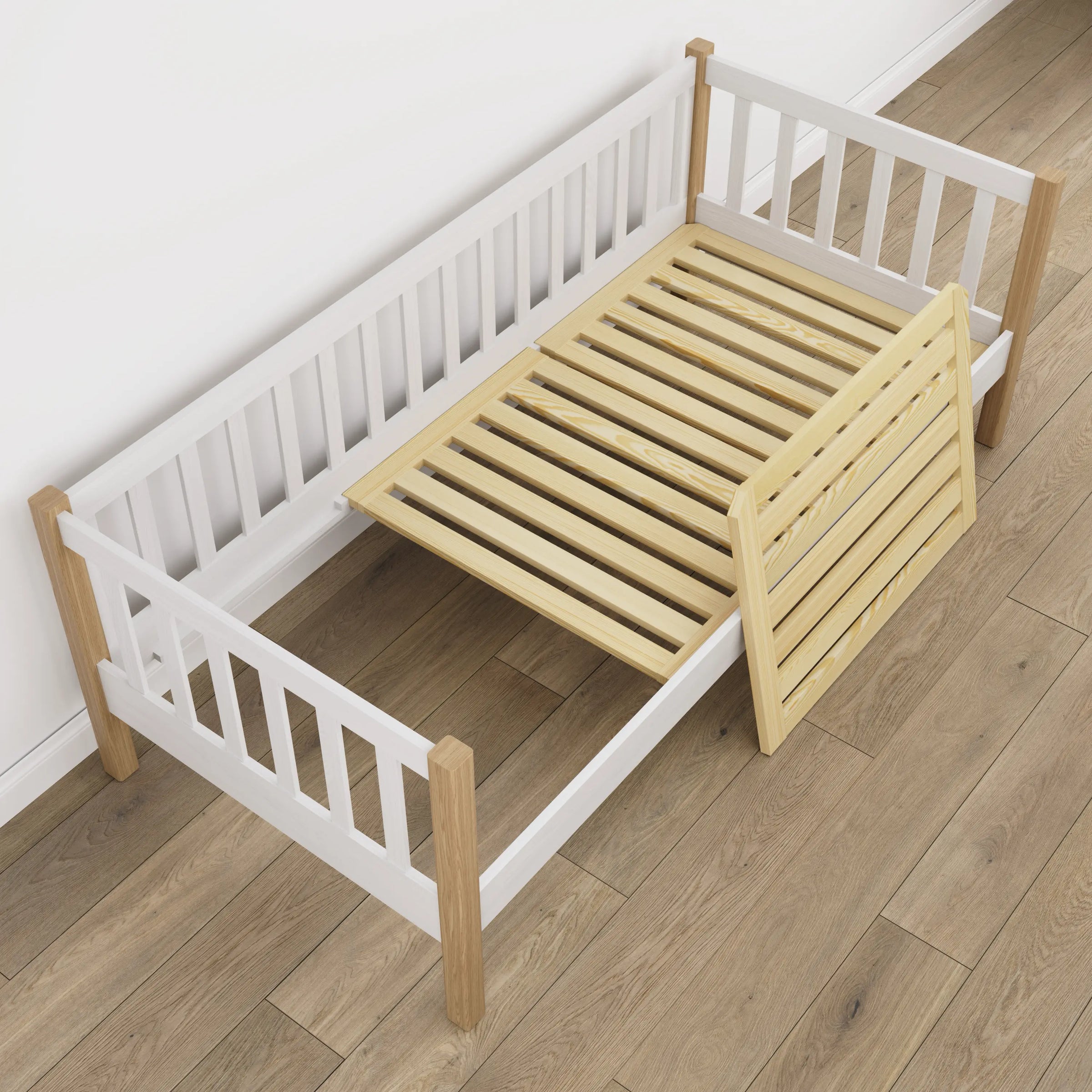 Sofa-lit en bois blanc avec chêne – détails du bois et des assemblages, Nizio Home