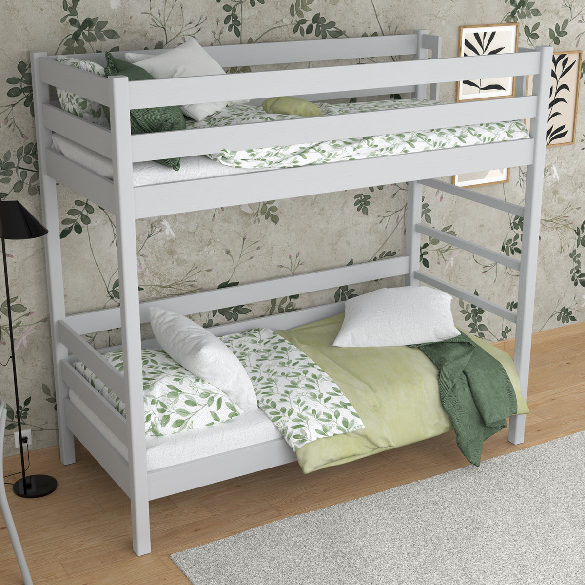 Lit superposé gris dans la chambre d'enfant – décoration scandinave, en bois