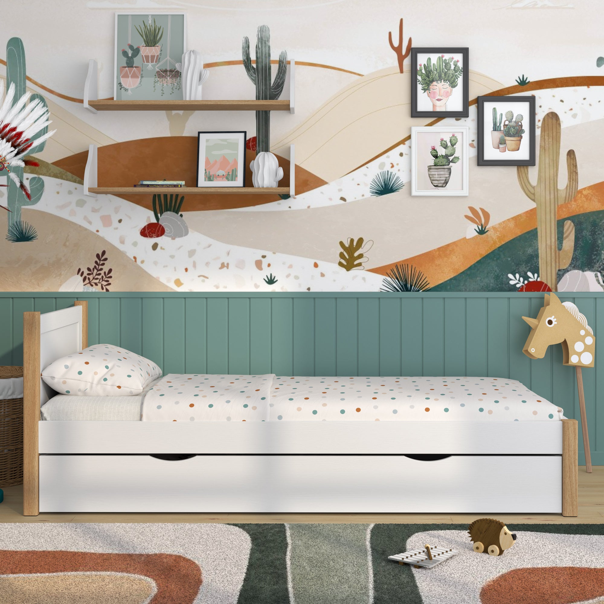 Lit blanc-chêne z tiroir – vue de côté, en bois, Nizio Home