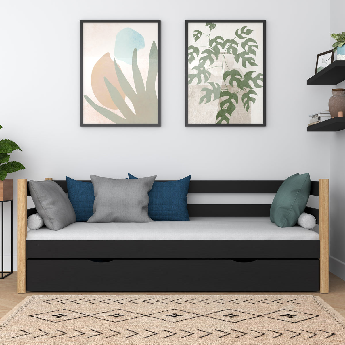 Sofa-lit en bois noir-chêne – tiroir ouvert, rangement pour literie