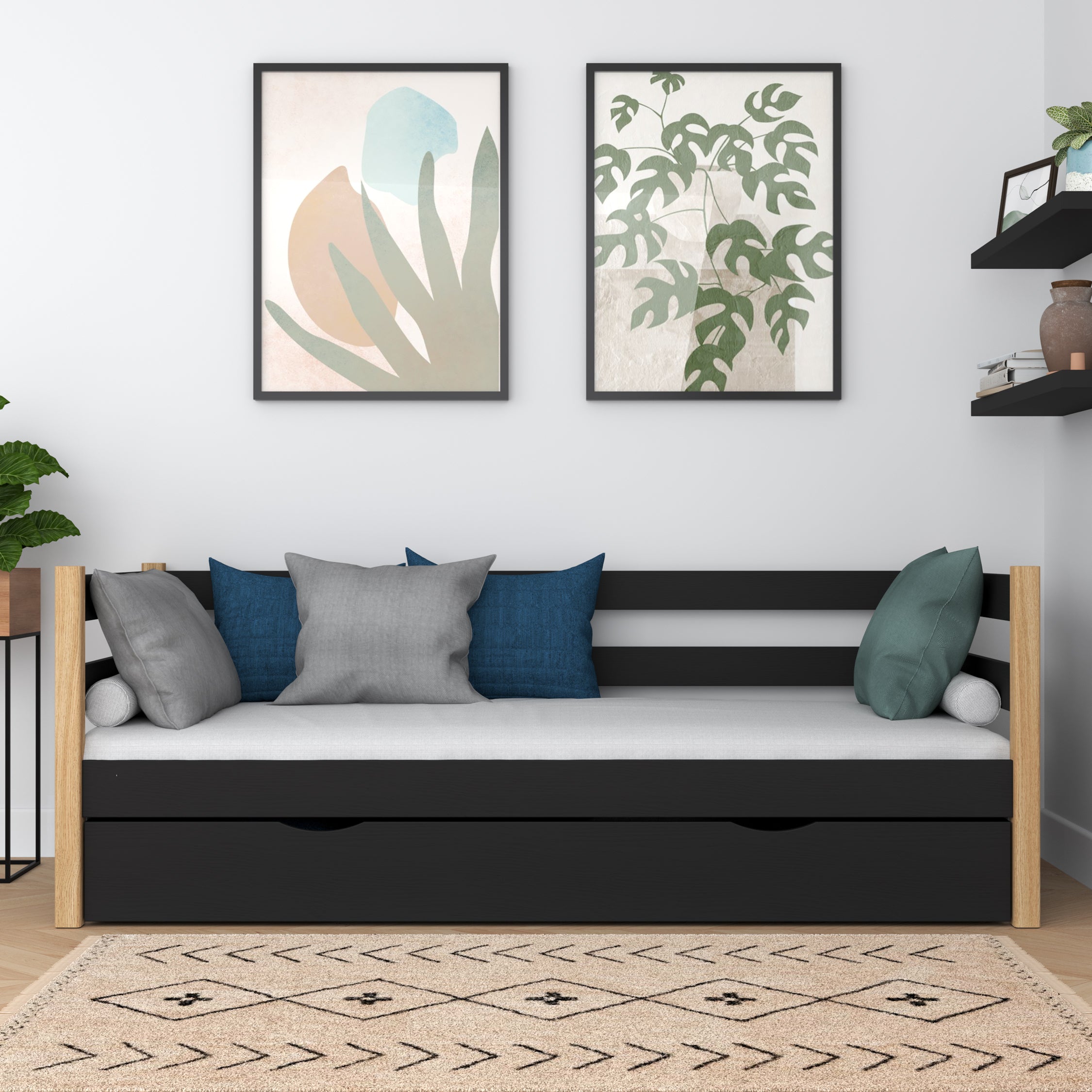 Sofa-lit en bois noir-chêne – tiroir ouvert, rangement pour literie