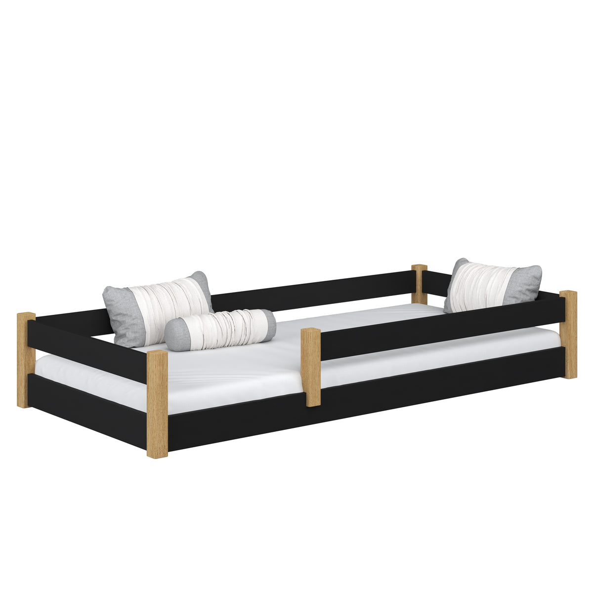 Lit bas en bois noir-chêne – chambre, bois massif, style scandinave Nizio