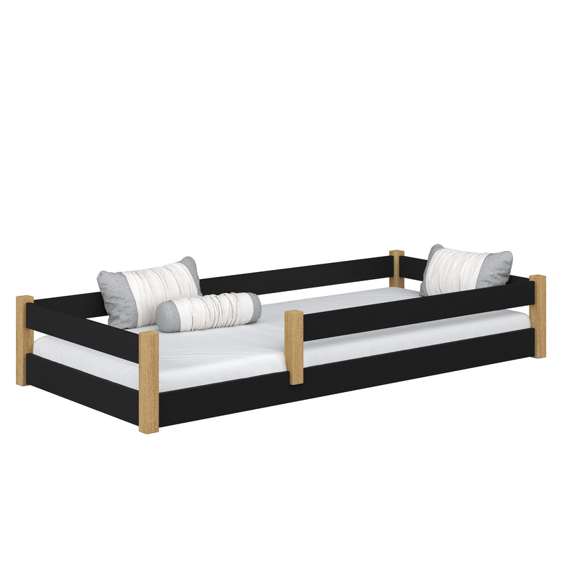 Lit bas en bois noir-chêne – chambre, bois massif, style scandinave Nizio