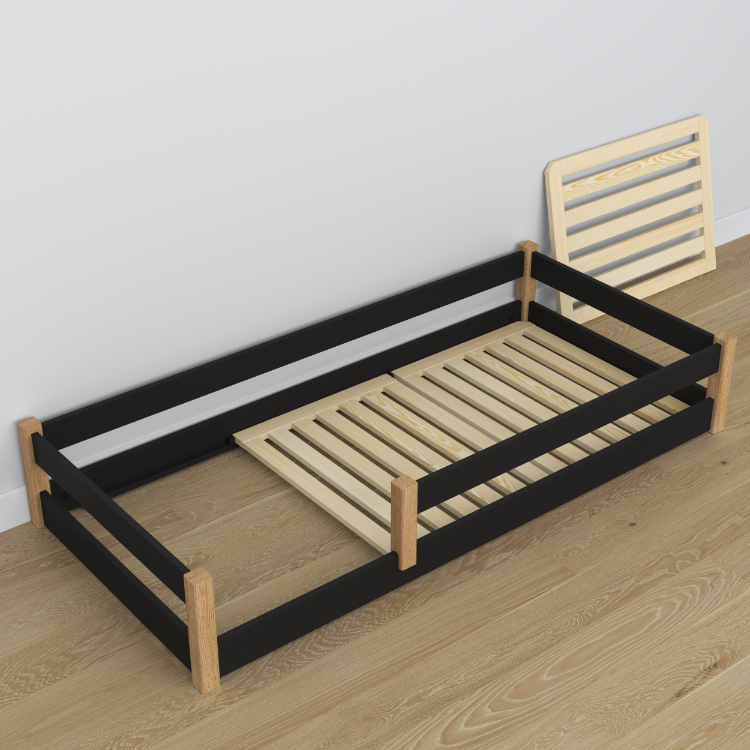 Lit bas noir-chêne en bois – dimensions et schéma, Nizio