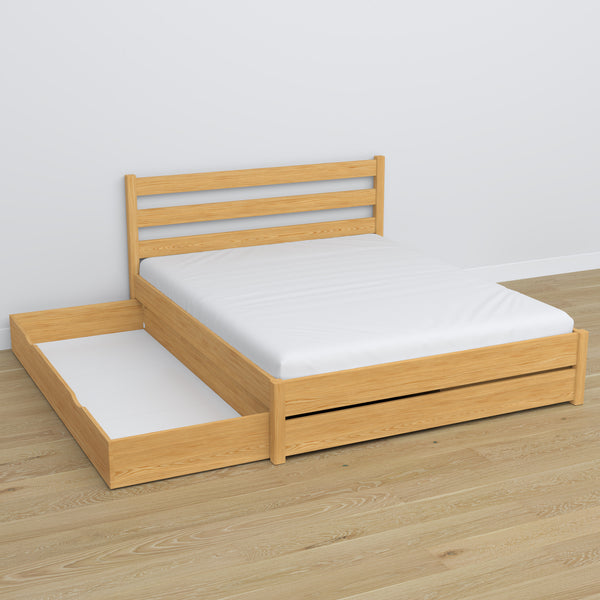 Double bed with wooden drawer natural pine – open drawer, spacious interior