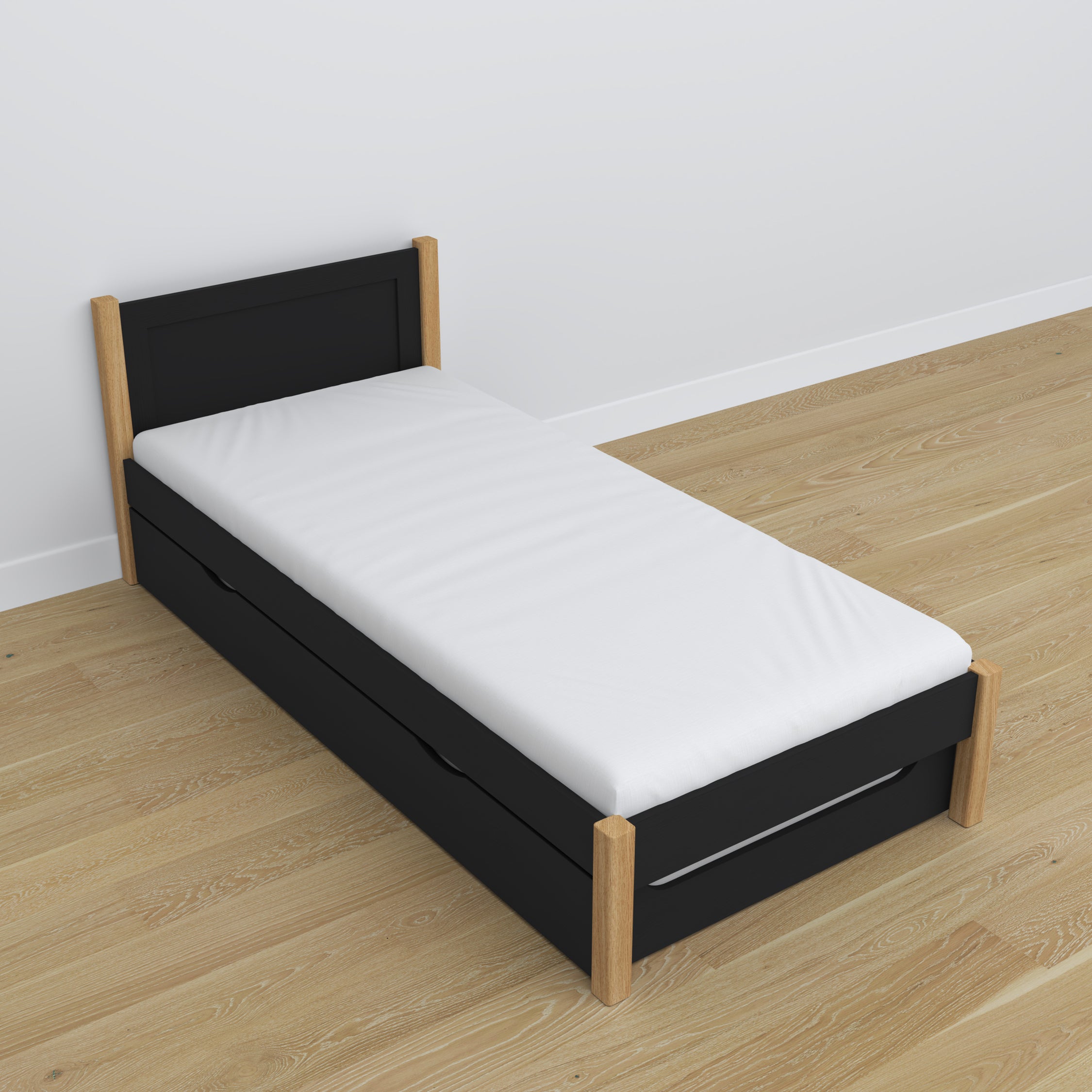 Lit avec tiroir pour matelas noir-chêne en bois – dimensions, Nizio