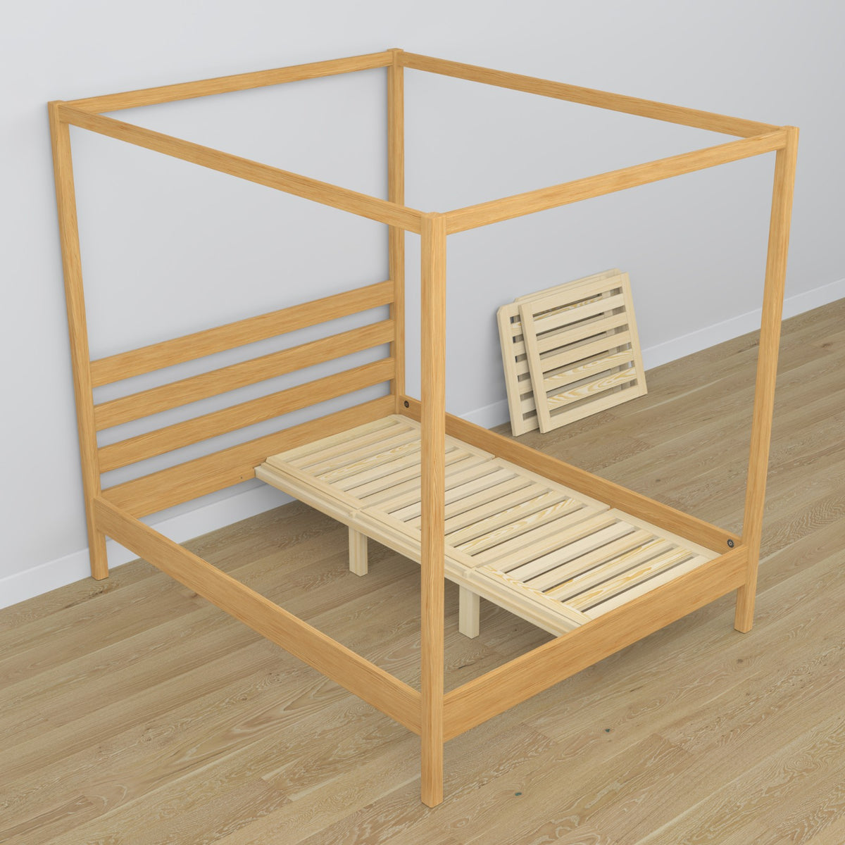 Lit à baldaquin pin naturel en bois – vue de côté, style scandinave