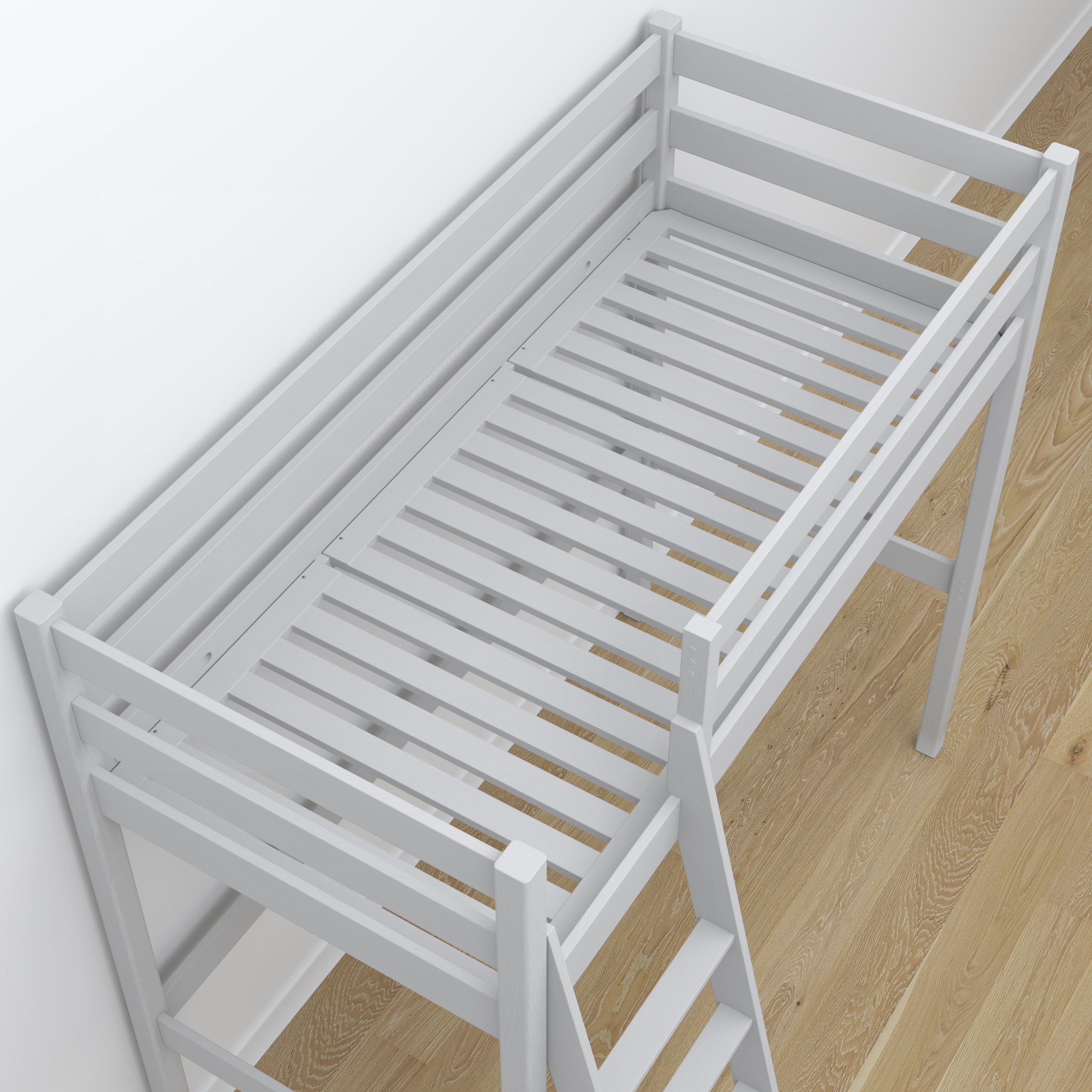 Lit mezzanine en bois gris – détails des assemblages et de l'échelle, Nizio Home