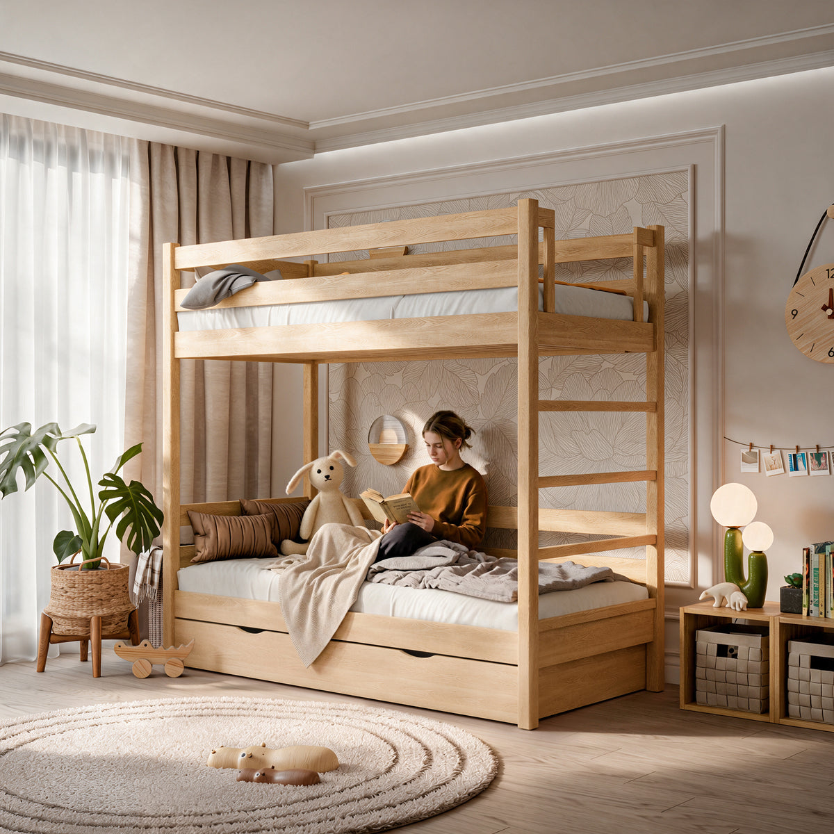 Oak bunk bed with drawer N03 oak natural