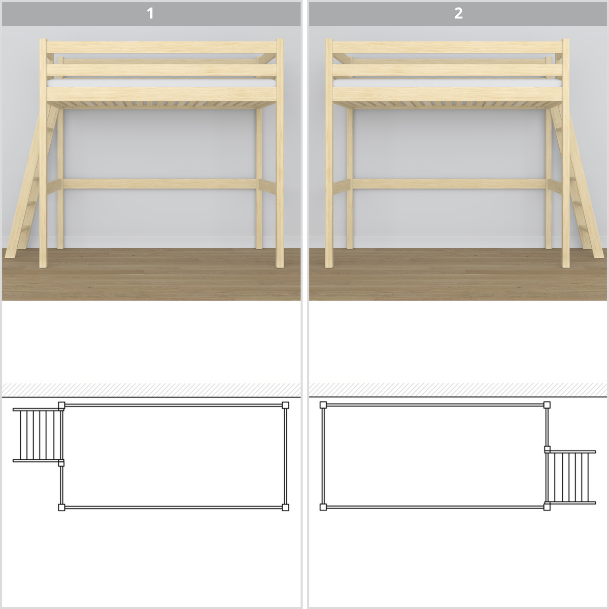 Lit mezzanine en bois pin incolore – vue du dessus na espace couchage