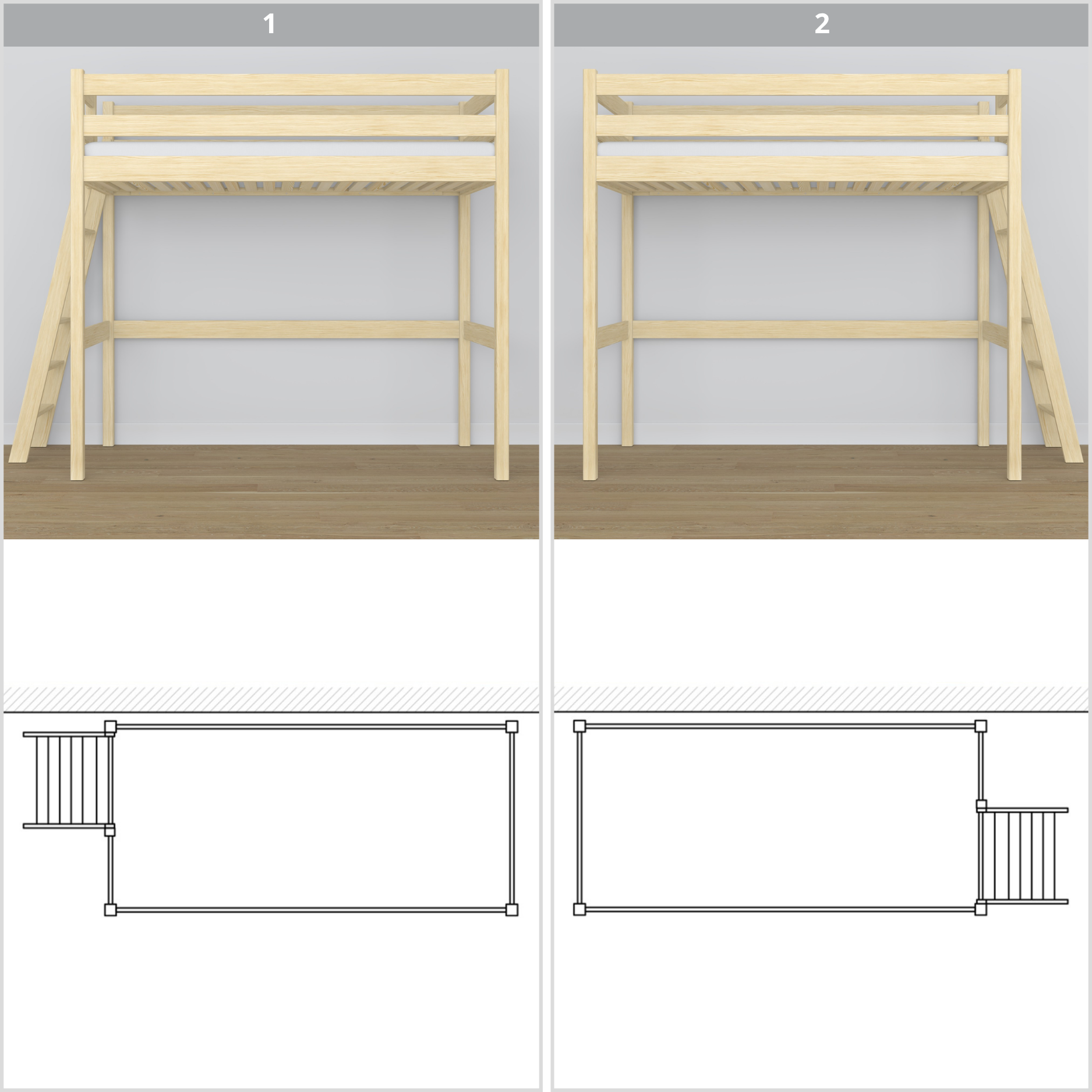 Lit mezzanine en bois pin incolore – vue du dessus na espace couchage